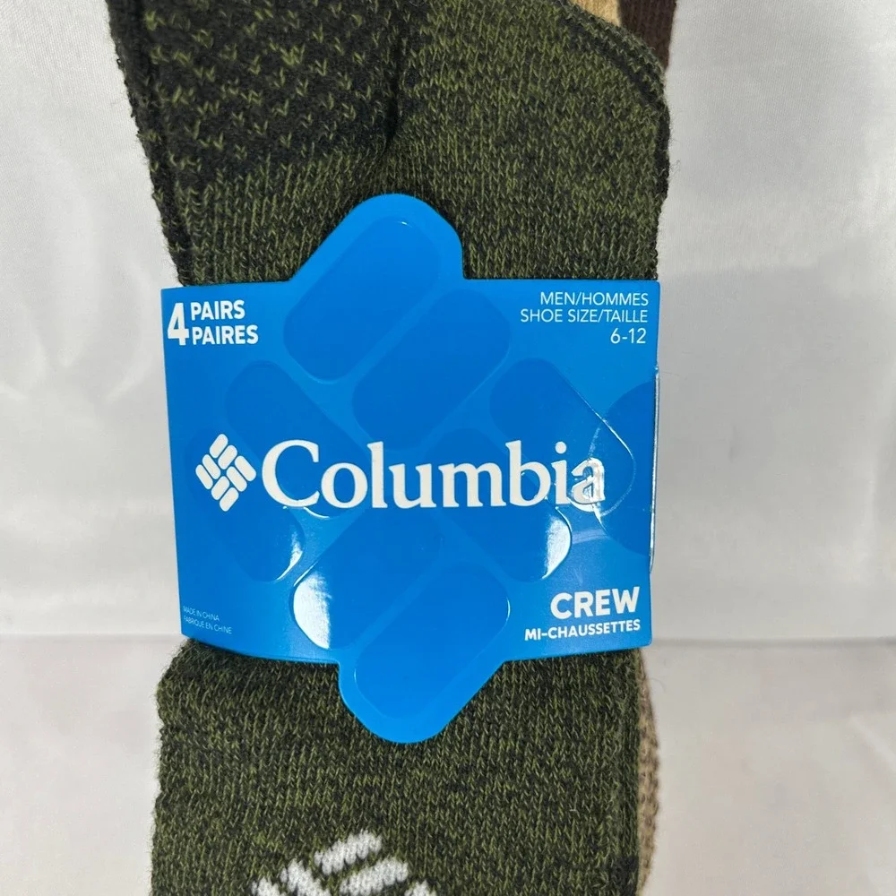 Columbia Mens Crew Socks 4 Pairs Green Tan Brown Reinforced Heel Toe Size 6-12